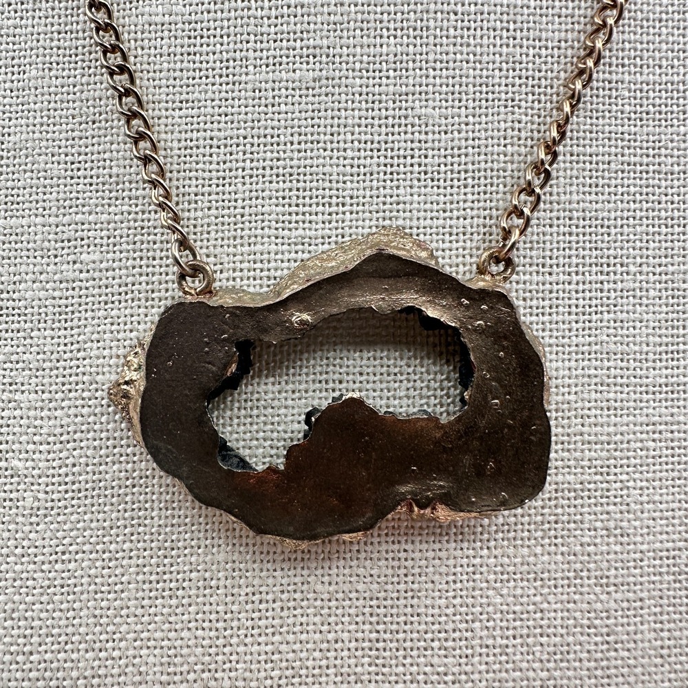 Vintage 80s Brown Agate Geode Slie Statement Pendant Long Chain Necklace Jewelry